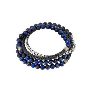 TRIPLE WRAP BEADED BRACELET WITH  BLUE LAPIS AND BLACK LEATHER