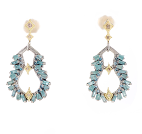 CHAMPAGNE DIAMONDS, LONDON BLUE TOPAZ AND GRANDIDIERITE  DROP EARRINGS