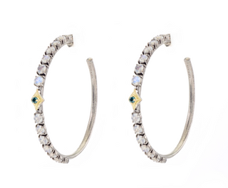 35 MM GREY SPINEL  AND RAINBOW MOONSTONE  HOOP EARRINGS