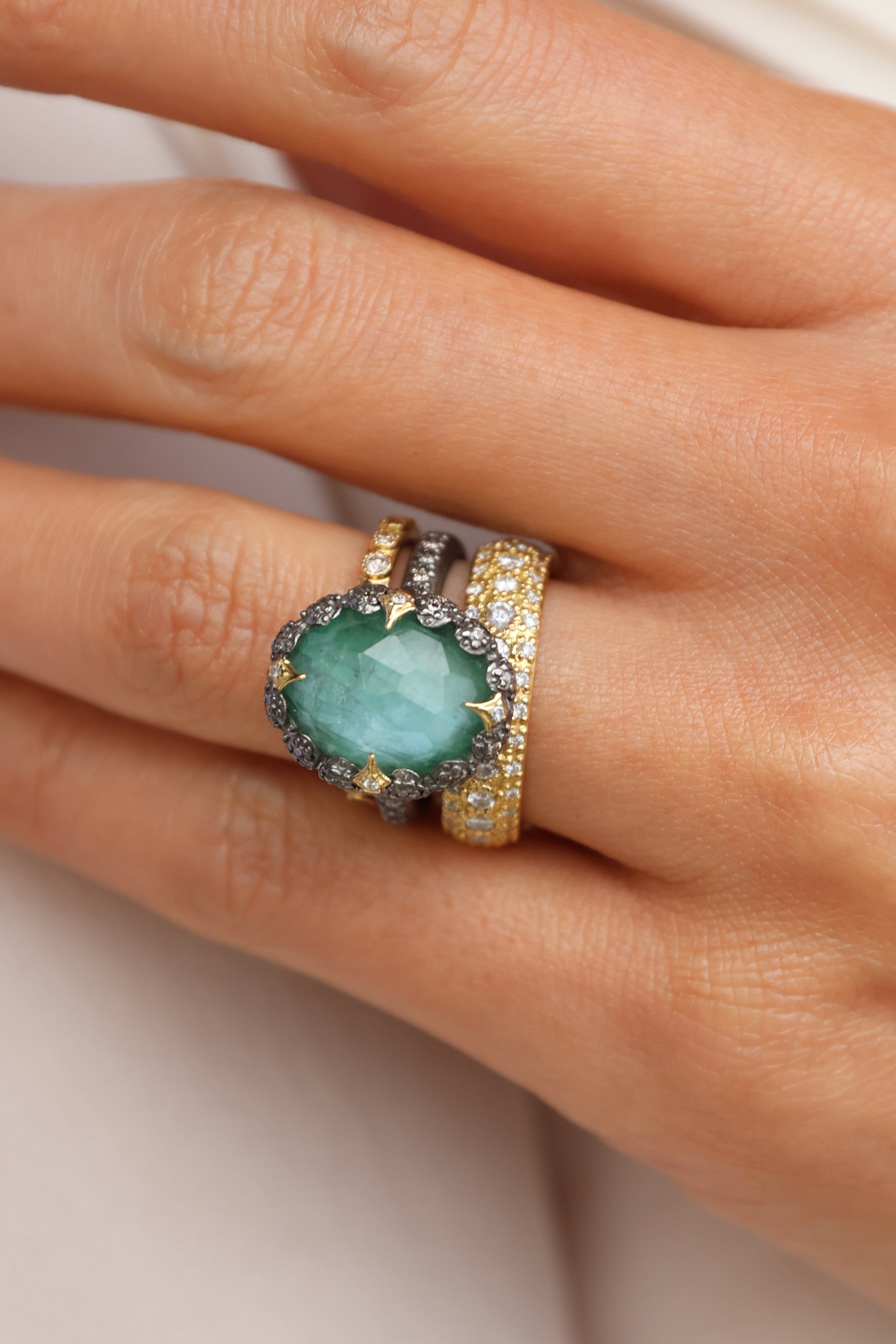 Oval Emerald and Crivelli Statement Ring 7.5